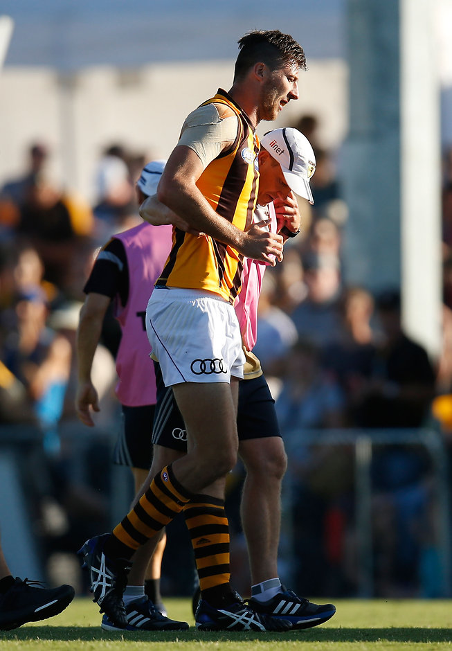 AFL 2016 NAB Challenge - Richmond v Hawthorn Jack Fitzpatrick in the hands of the trainers after injuring his knee against Richmond - ${keywords}